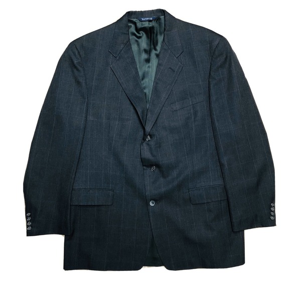 VTG Burberrys Navy Blue w/ Grey Chalk Check 3 Btn Single Vent Jacket Mens Sz 44L